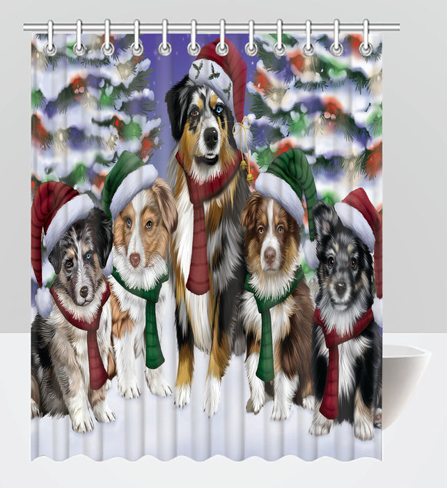 Australian Shepherd Dogs Christmas Family Portrait in Holiday Scenic Background Shower Curtain