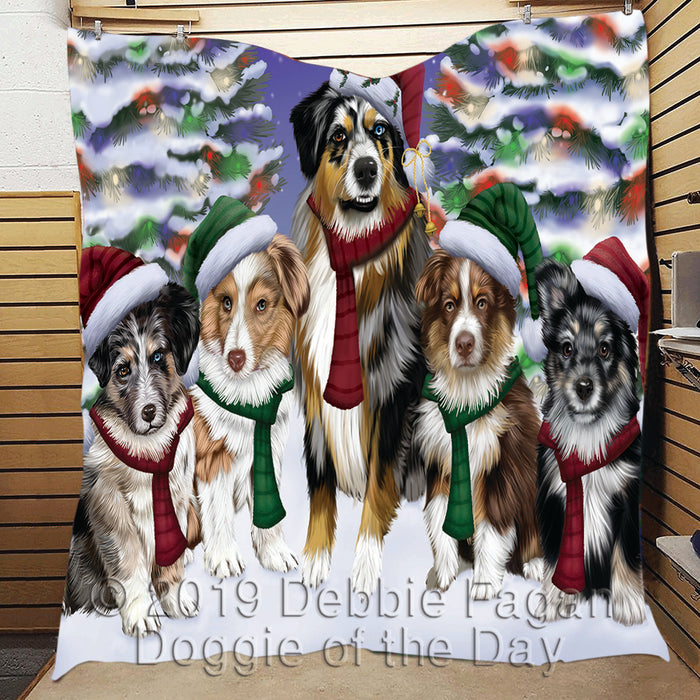 Australian Shepherd Dogs Christmas Family Portrait in Holiday Scenic Background Quilt