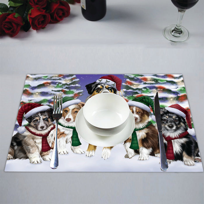Australian Shepherd Dogs Christmas Family Portrait in Holiday Scenic Background Placemat