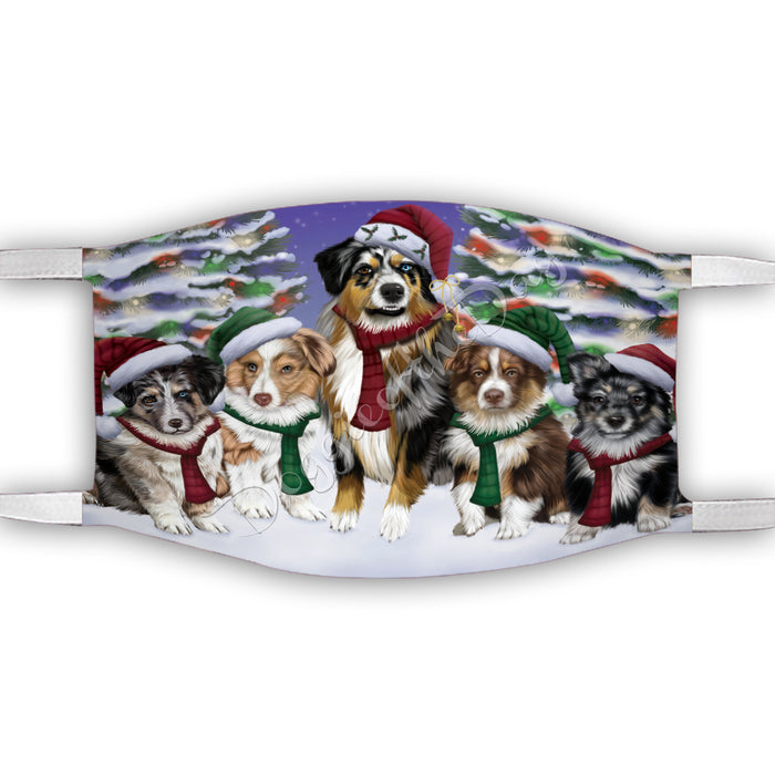 Australian Shepherd Dogs Christmas Family Portrait in Holiday Scenic Background Face Mask FM48311