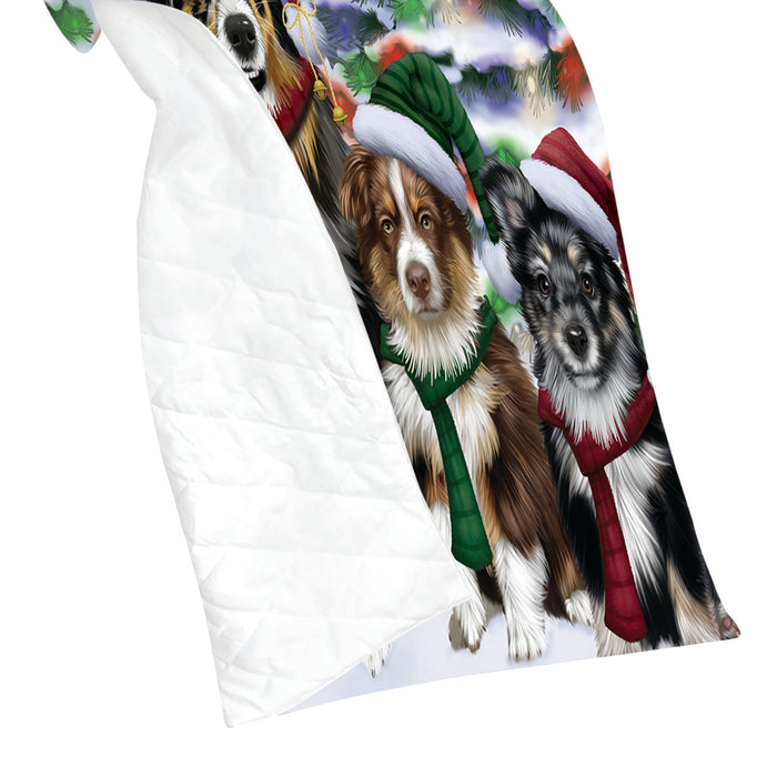 Australian Shepherd Dogs Christmas Family Portrait in Holiday Scenic Background Quilt