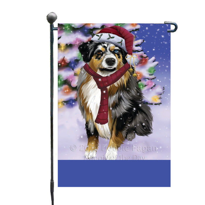 Personalized Winterland Wonderland Australian Shepherd Dog In Christmas Holiday Scenic Background Custom Garden Flags GFLG-DOTD-A61213