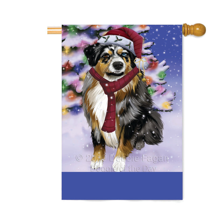 Personalized Winterland Wonderland Australian Shepherd Dog In Christmas Holiday Scenic Background Custom House Flag FLG-DOTD-A61269
