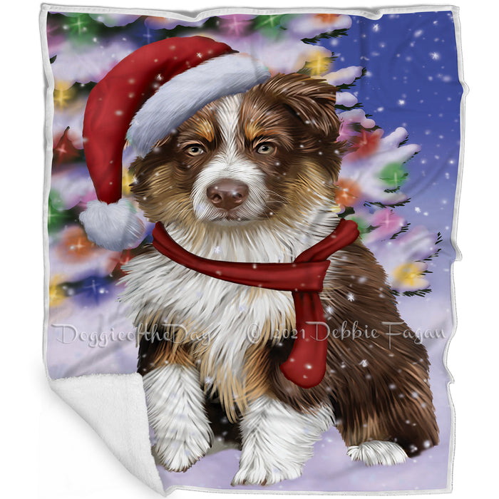 Winterland Wonderland Australian Shepherd Dog In Christmas Holiday Scenic Background Blanket