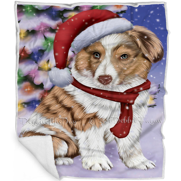 Winterland Wonderland Australian Shepherd Dog In Christmas Holiday Scenic Background Blanket