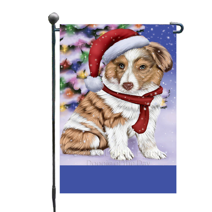 Personalized Winterland Wonderland Australian Shepherd Dog In Christmas Holiday Scenic Background Custom Garden Flags GFLG-DOTD-A61215