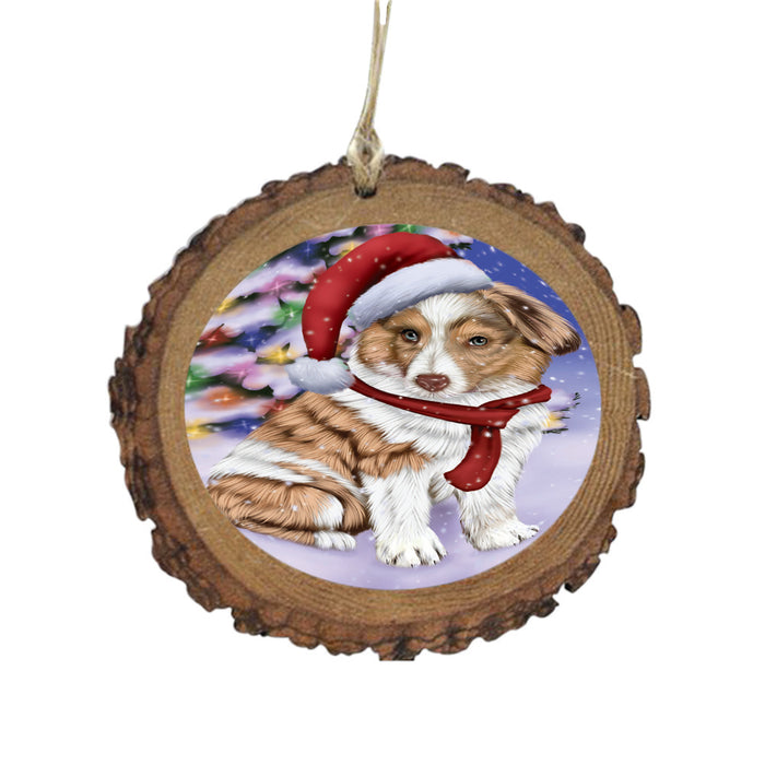 Winterland Wonderland Australian Shepherd Dog In Christmas Holiday Scenic Background Wooden Christmas Ornament WOR49502