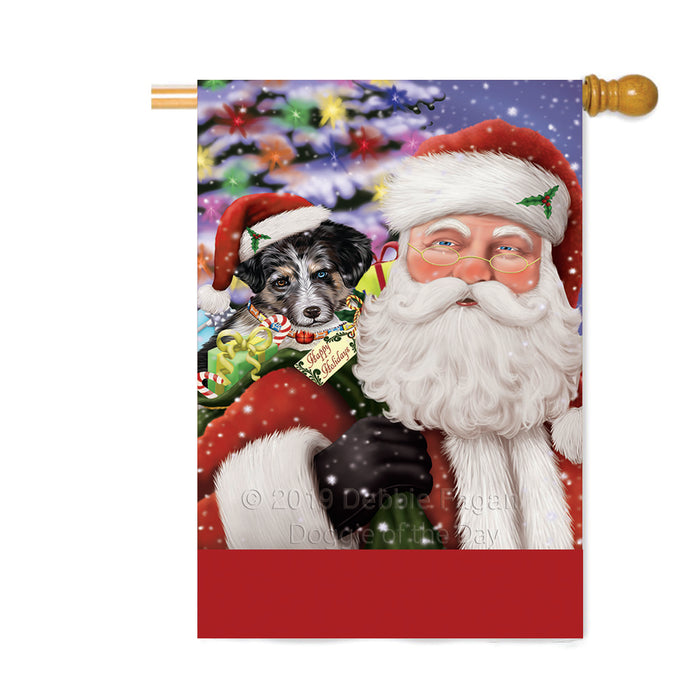 Personalized Santa Carrying Australian Shepherd Dog and Christmas Presents Custom House Flag FLG-DOTD-A63397