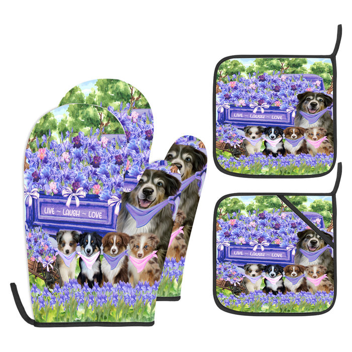 Australian Shepherd Oven Mitts and Pot Holder Set: Explore a Variety of Designs, Personalized, Potholders with Kitchen Gloves for Cooking, Custom, Halloween Gifts for Dog Mom