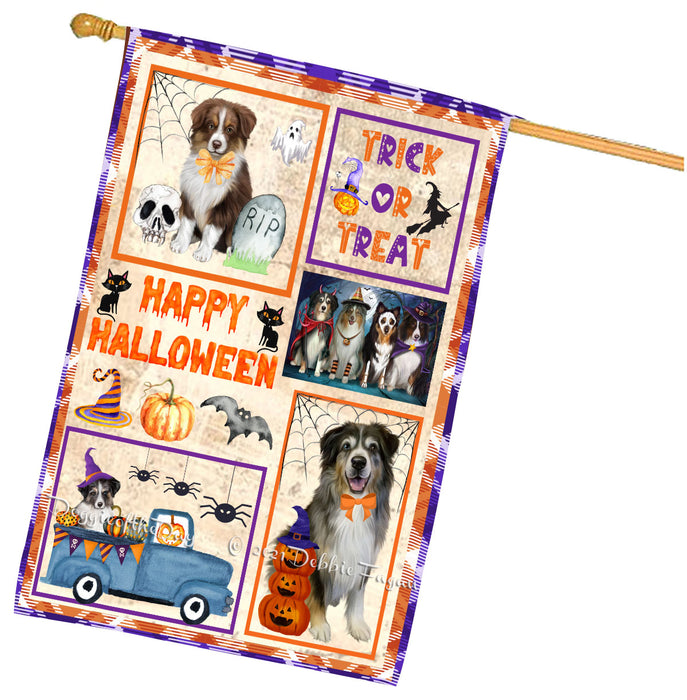 Happy Halloween Trick or Treat Australian Shepherd Dogs House Flag Outdoor Decorative Double Sided Pet Portrait Weather Resistant Premium Quality Animal Printed Home Decorative Flags 100% Polyester