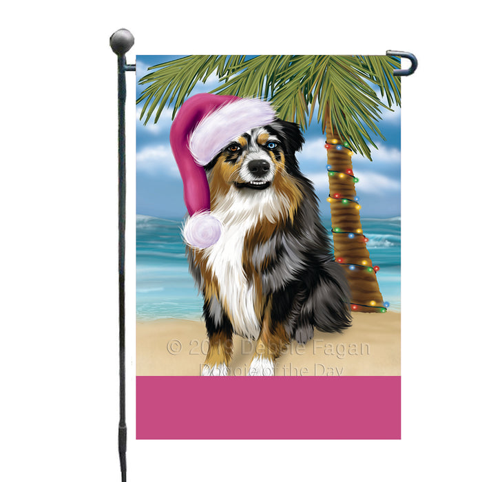 Personalized Summertime Happy Holidays Christmas Australian Shepherd Dog on Tropical Island Beach  Custom Garden Flags GFLG-DOTD-A60386