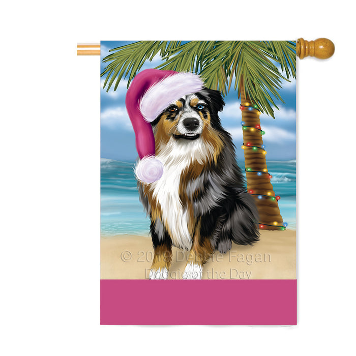 Personalized Summertime Happy Holidays Christmas Australian Shepherd Dog on Tropical Island Beach Custom House Flag FLG-DOTD-A60442