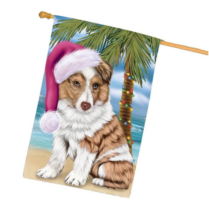 Christmas Summertime Beach Australian Shepherd Dog House Flag Outdoor Decorative Double Sided Pet Portrait Weather Resistant Premium Quality Animal Printed Home Decorative Flags 100% Polyester FLG68667