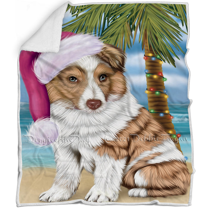 Summertime Happy Holidays Christmas Australian Shepherd Dog on Tropical Island Beach Blanket