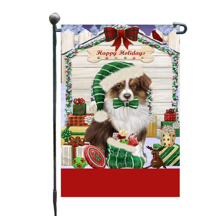 Personalized Happy Holidays Christmas Australian Shepherd Dog House with Presents Custom Garden Flags GFLG-DOTD-A59267