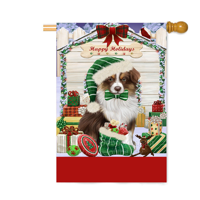 Personalized Happy Holidays Christmas Australian Shepherd Dog House with Presents Custom House Flag FLG-DOTD-A59323