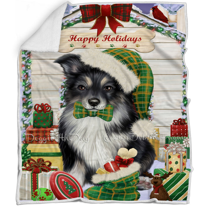 Happy Holidays Christmas Australian Shepherd Dog House With Presents Blanket BLNKT85629
