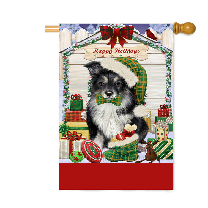 Personalized Happy Holidays Christmas Australian Shepherd Dog House with Presents Custom House Flag FLG-DOTD-A59324
