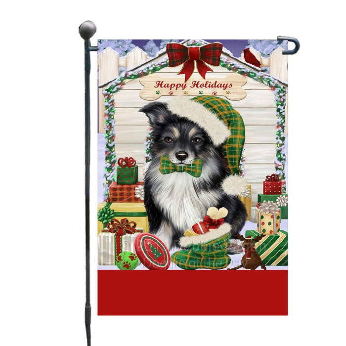 Personalized Happy Holidays Christmas Australian Shepherd Dog House with Presents Custom Garden Flags GFLG-DOTD-A59268