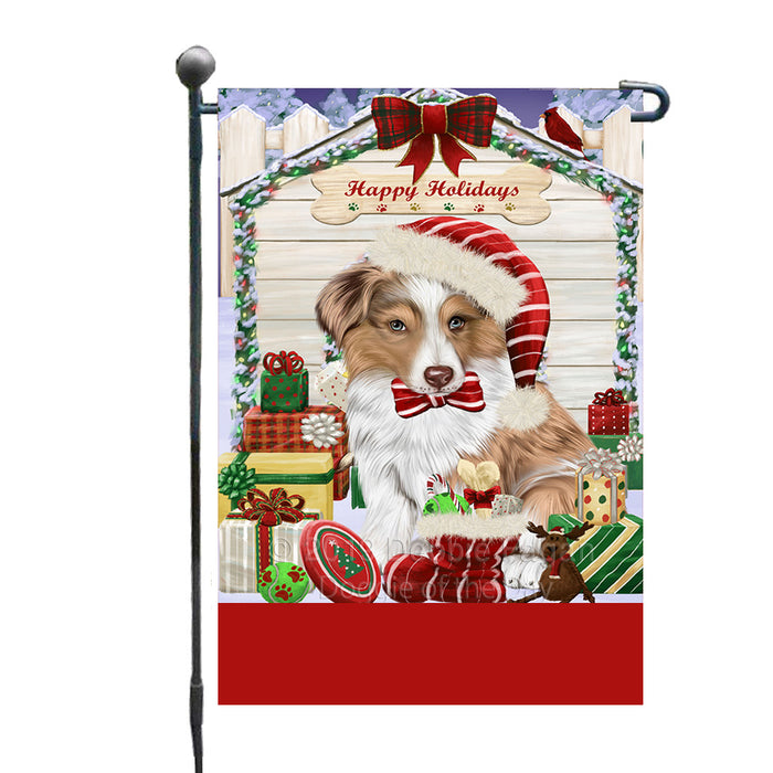 Personalized Happy Holidays Christmas Australian Shepherd Dog House with Presents Custom Garden Flags GFLG-DOTD-A59269