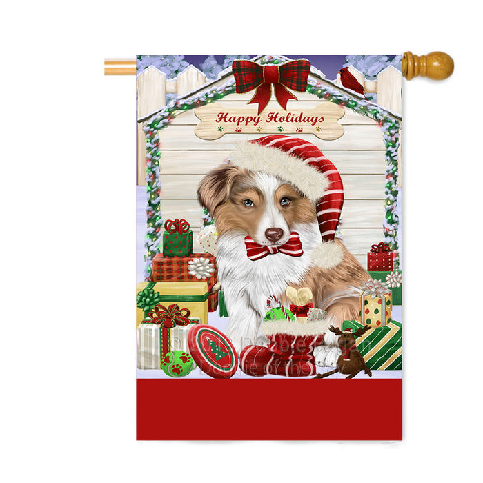 Personalized Happy Holidays Christmas Australian Shepherd Dog House with Presents Custom House Flag FLG-DOTD-A59325