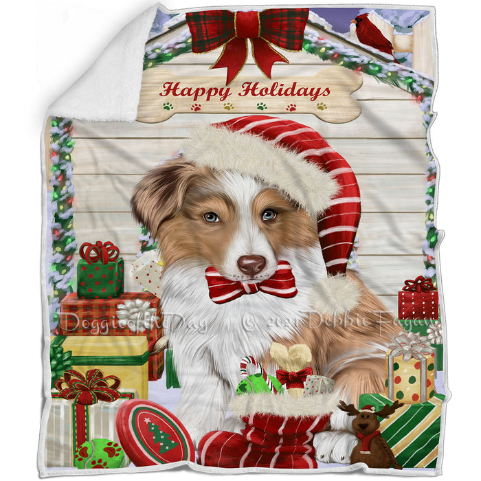 Happy Holidays Christmas Australian Shepherd Dog House With Presents Blanket BLNKT85638