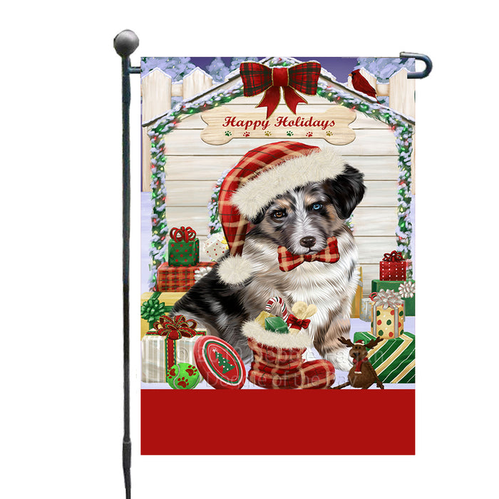 Personalized Happy Holidays Christmas Australian Shepherd Dog House with Presents Custom Garden Flags GFLG-DOTD-A59270