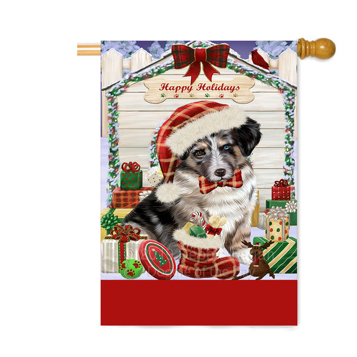 Personalized Happy Holidays Christmas Australian Shepherd Dog House with Presents Custom House Flag FLG-DOTD-A59326