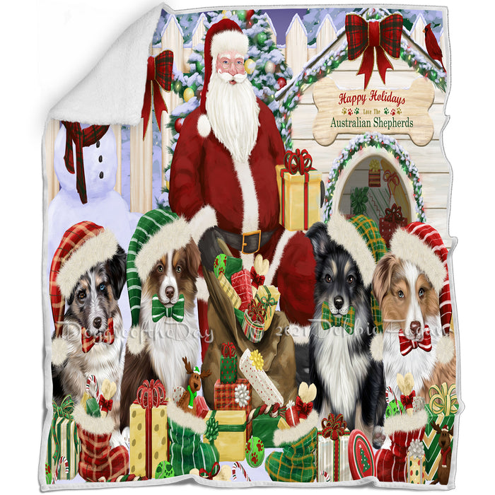 Happy Holidays Christmas Australian Shepherds Dog House Gathering Blanket BLNKT77556