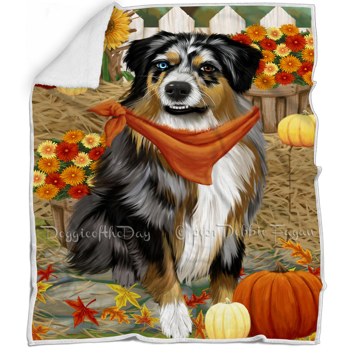 Fall Autumn Greeting Australian Shepherd Dog with Pumpkins Blanket BLNKT72138