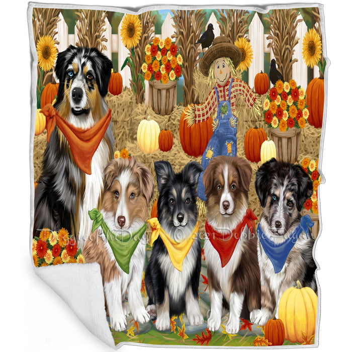 Fall Festive Gathering Australian Shepherds Dog with Pumpkins Blanket BLNKT71661