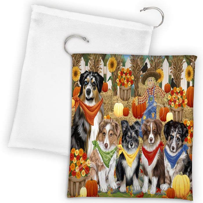 Fall Festive Harvest Time Gathering Australian Shepherd Dogs Drawstring Laundry or Gift Bag LGB48370