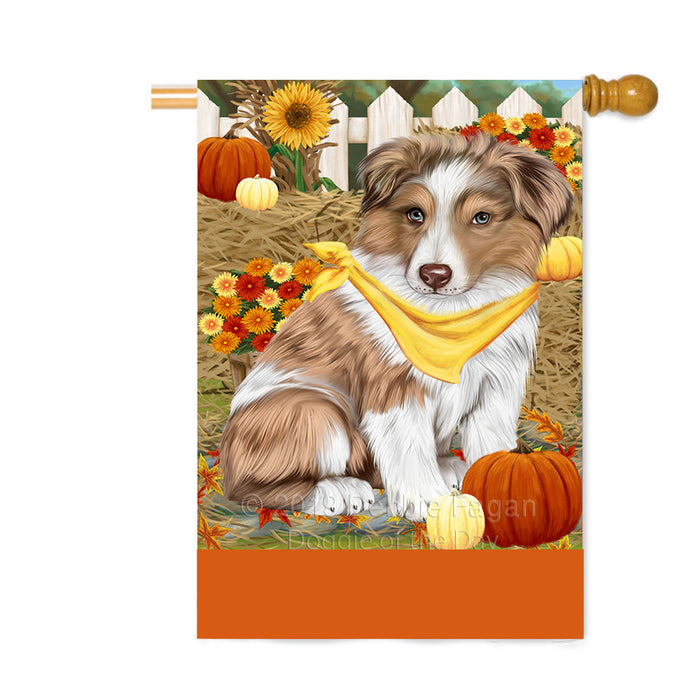 Personalized Fall Autumn Greeting Australian Shepherd Dog with Pumpkins Custom House Flag FLG-DOTD-A61837