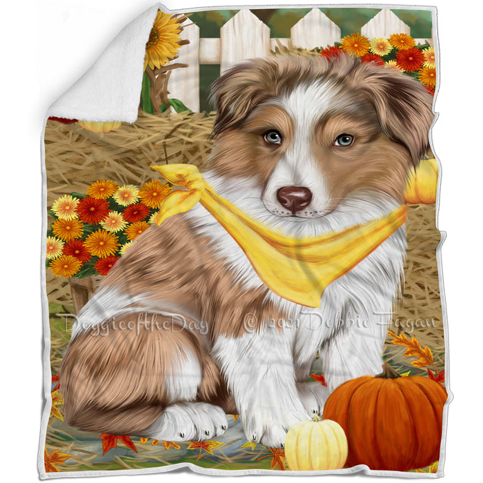 Fall Autumn Greeting Australian Shepherd Dog with Pumpkins Blanket BLNKT72156