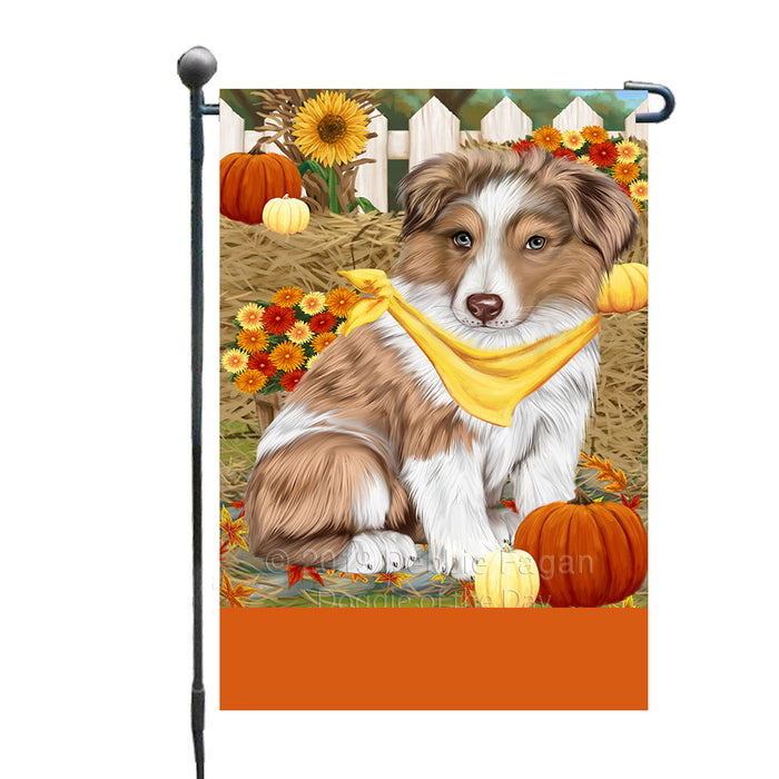 Personalized Fall Autumn Greeting Australian Shepherd Dog with Pumpkins Custom Garden Flags GFLG-DOTD-A61781
