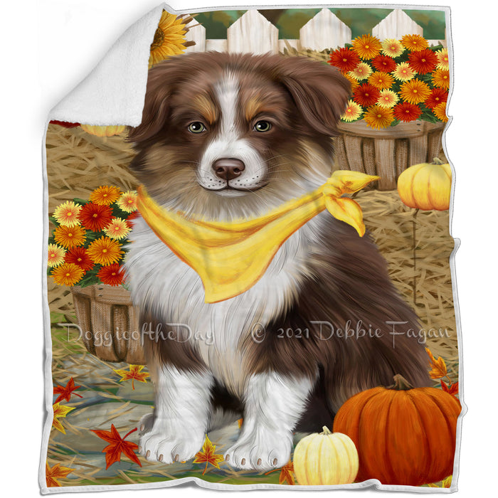 Fall Autumn Greeting Australian Shepherd Dog with Pumpkins Blanket BLNKT72165