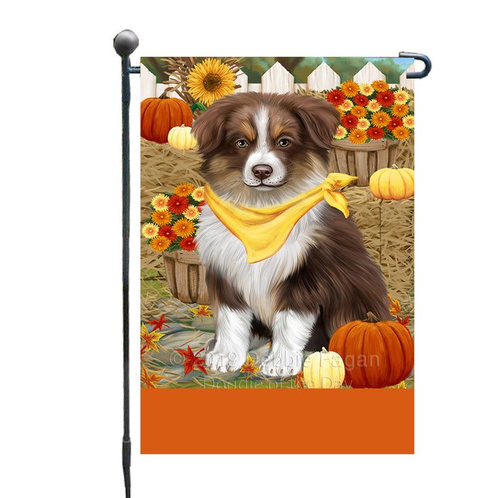 Personalized Fall Autumn Greeting Australian Shepherd Dog with Pumpkins Custom Garden Flags GFLG-DOTD-A61782