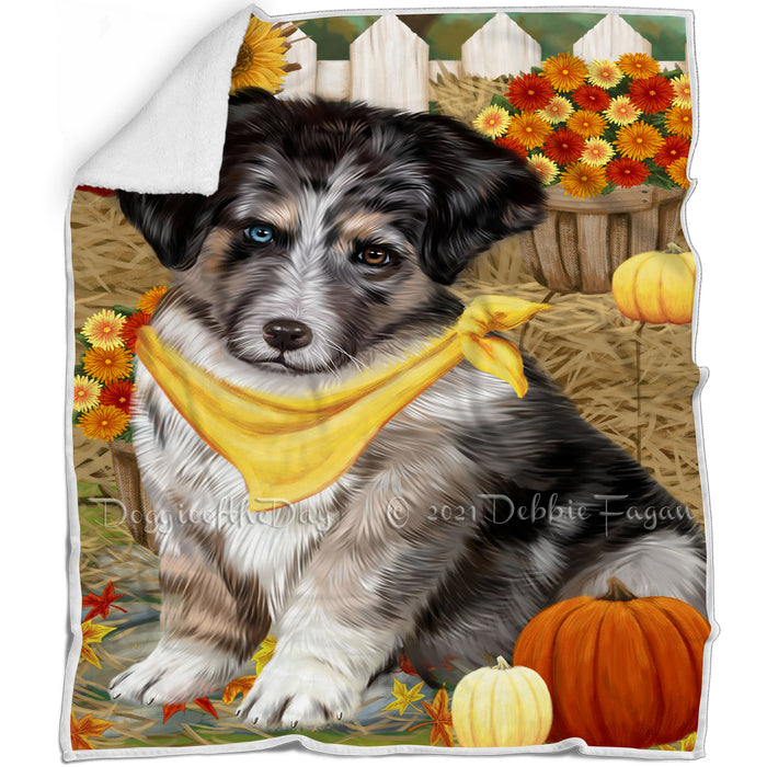 Fall Autumn Greeting Australian Shepherd Dog with Pumpkins Blanket BLNKT72174