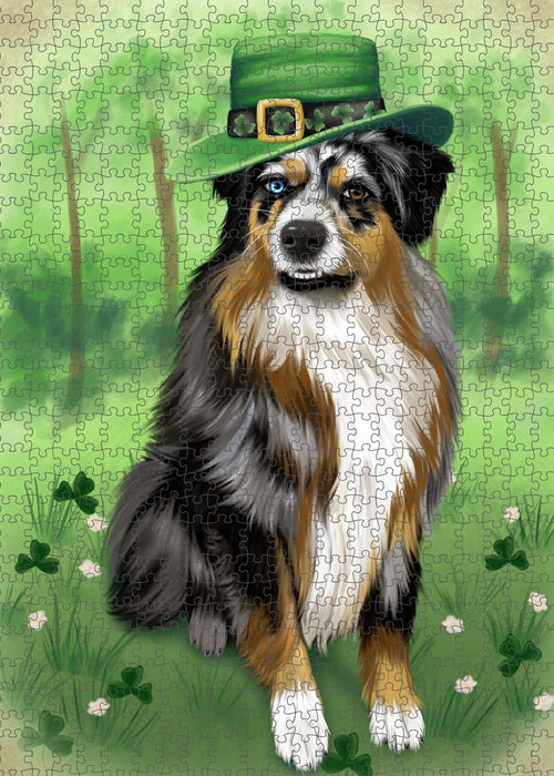 St. Patrick's Day Australian Shepherd Dog Portrait Jigsaw Puzzle for Adults Animal Interlocking Puzzle Game Unique Gift for Dog Lover's with Metal Tin Box PZL1009