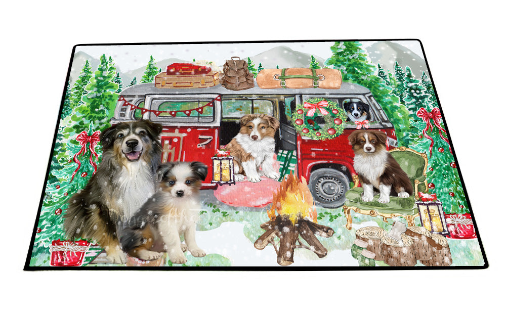 Christmas Time Camping with Australian Shepherd Dogs Floor Mat- Anti-Slip Pet Door Mat Indoor Outdoor Front Rug Mats for Home Outside Entrance Pets Portrait Unique Rug Washable Premium Quality Mat