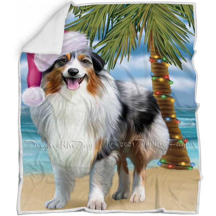 Summertime Happy Holidays Christmas Australian Shepherd Dog on Tropical Island Beach Blanket
