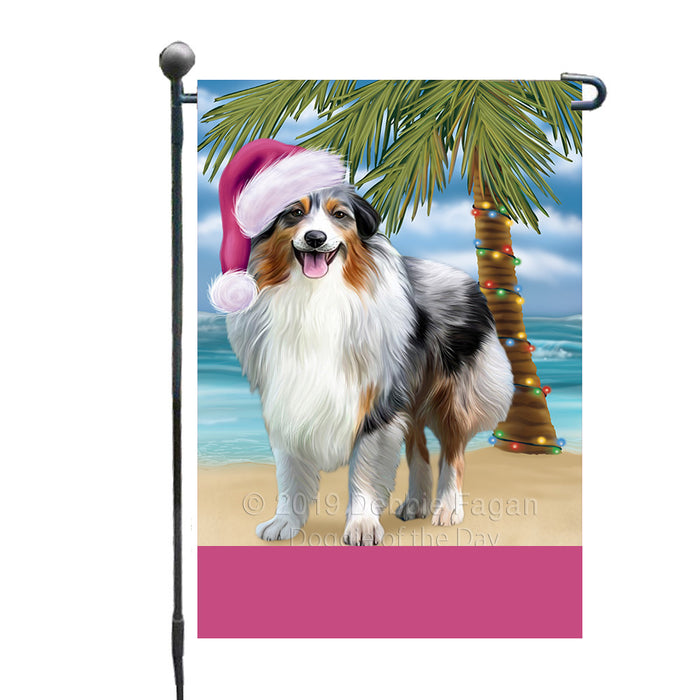 Personalized Summertime Happy Holidays Christmas Australian Shepherd Dog on Tropical Island Beach  Custom Garden Flags GFLG-DOTD-A60388