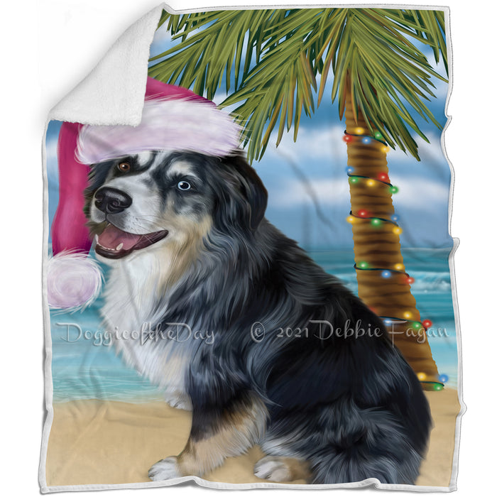 Summertime Happy Holidays Christmas Australian Shepherd Dog on Tropical Island Beach Blanket