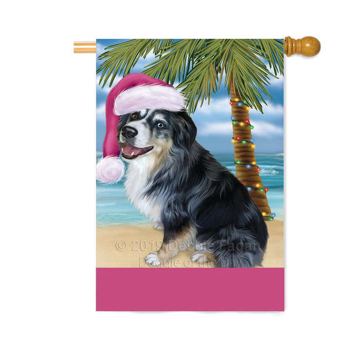 Personalized Summertime Happy Holidays Christmas Australian Shepherd Dog on Tropical Island Beach Custom House Flag FLG-DOTD-A60445