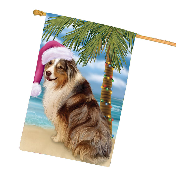 Christmas Summertime Beach Australian Shepherd Dog House Flag Outdoor Decorative Double Sided Pet Portrait Weather Resistant Premium Quality Animal Printed Home Decorative Flags 100% Polyester FLG68670