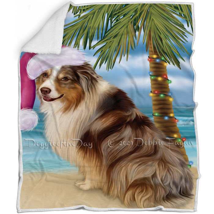 Summertime Happy Holidays Christmas Australian Shepherd Dog on Tropical Island Beach Blanket
