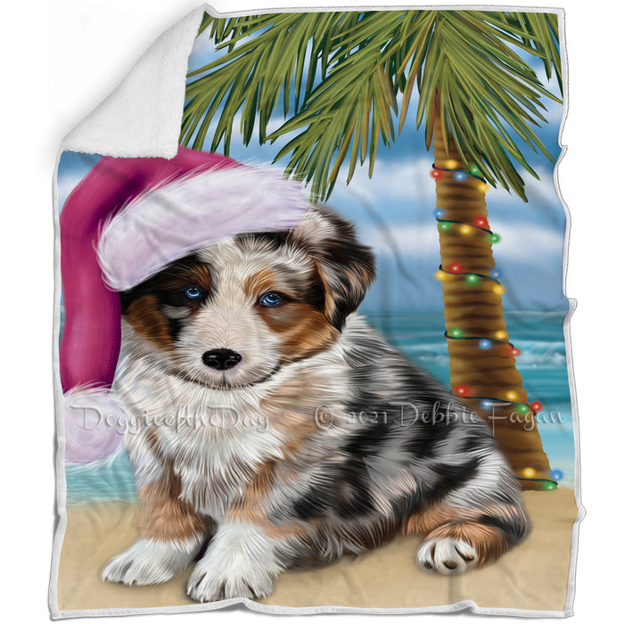 Summertime Happy Holidays Christmas Australian Shepherd Dog on Tropical Island Beach Blanket