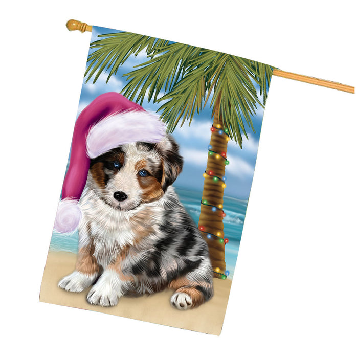 Christmas Summertime Beach Australian Shepherd Dog House Flag Outdoor Decorative Double Sided Pet Portrait Weather Resistant Premium Quality Animal Printed Home Decorative Flags 100% Polyester FLG68671