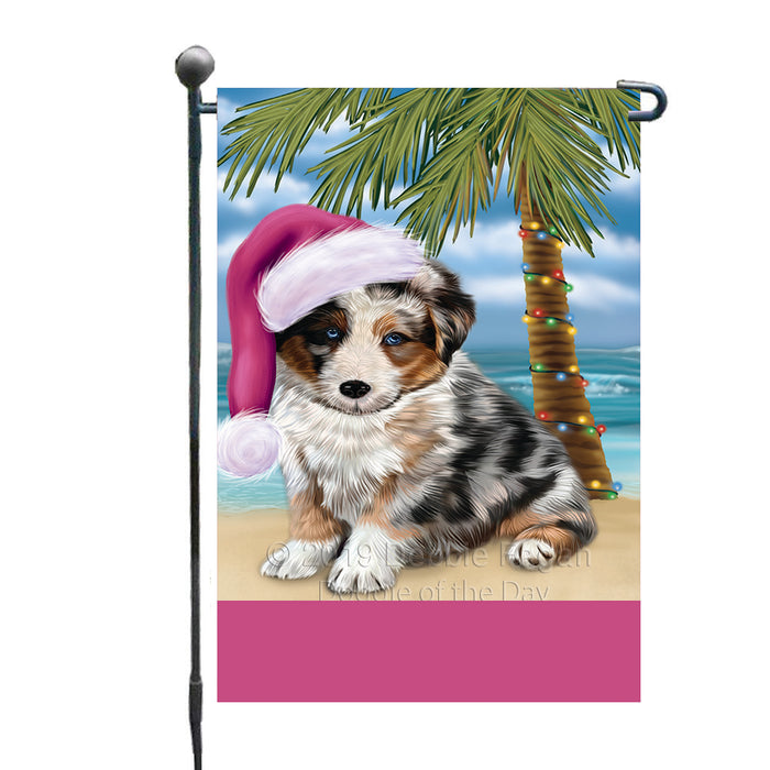 Personalized Summertime Happy Holidays Christmas Australian Shepherd Dog on Tropical Island Beach  Custom Garden Flags GFLG-DOTD-A60391