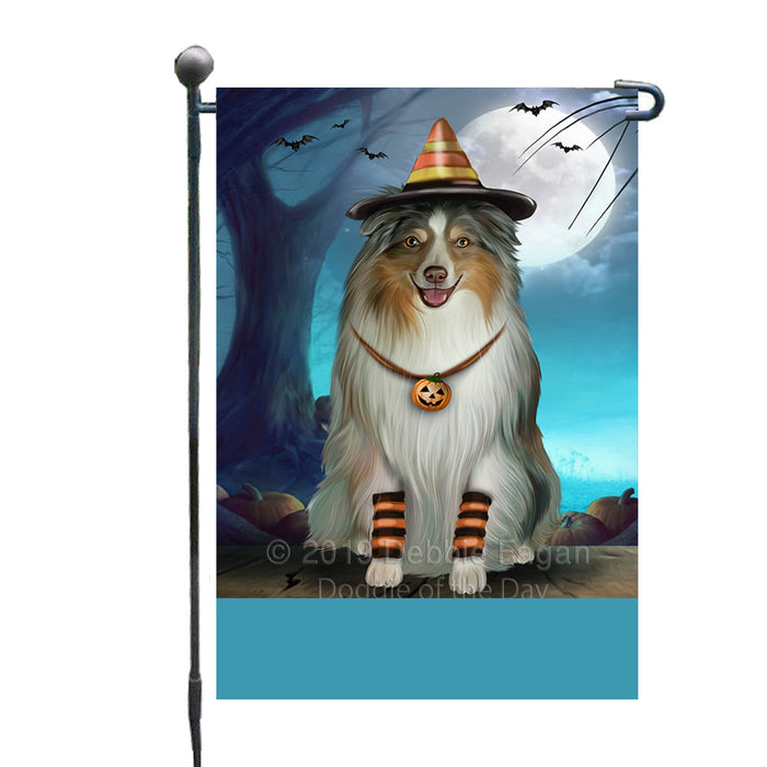 Personalized Happy Halloween Trick or Treat Australian Shepherd Dog Candy Corn Custom Garden Flag GFLG64395